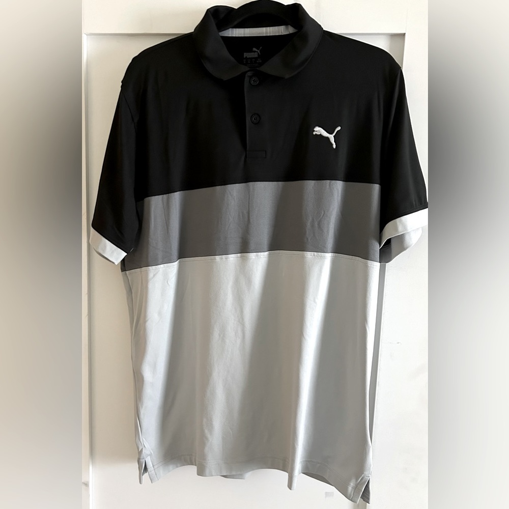 PUMA Golf Polo, size Medium, Black Gray & Light Gray.